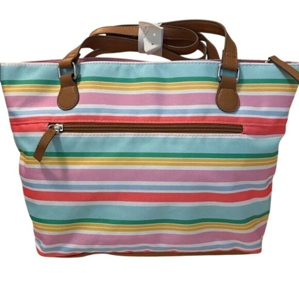 Lily Bloom Striped Tote Bag Recycled Material Multicolor With Brown Handles & Fl - Picture 3 of 8